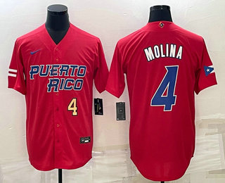 Men%27s Puerto Rico Baseball #4 Yadier Molina Number 2023 Red World Baseball Classic Stitched Jersey